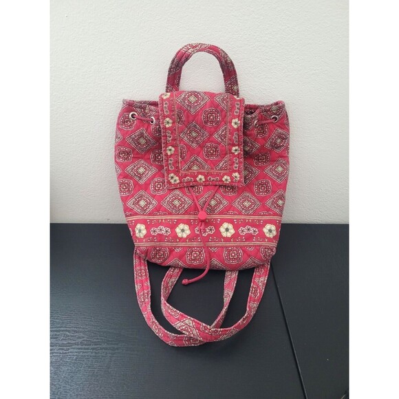 AMERICANA Handbags - Vintage Red Geometric Floral Print Quilted Drawstring Bag Backpack Boho Hippie